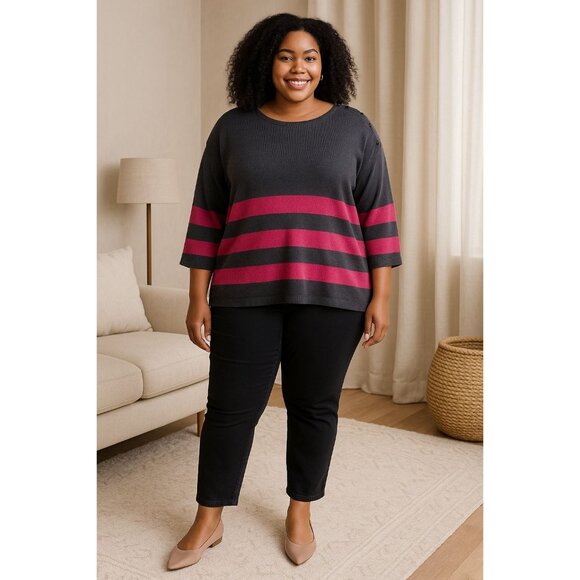 Gap Plus Size XL Striped Sweater Gray & Pink Button Details Casual Pullover Knit - Picture 8 of 10